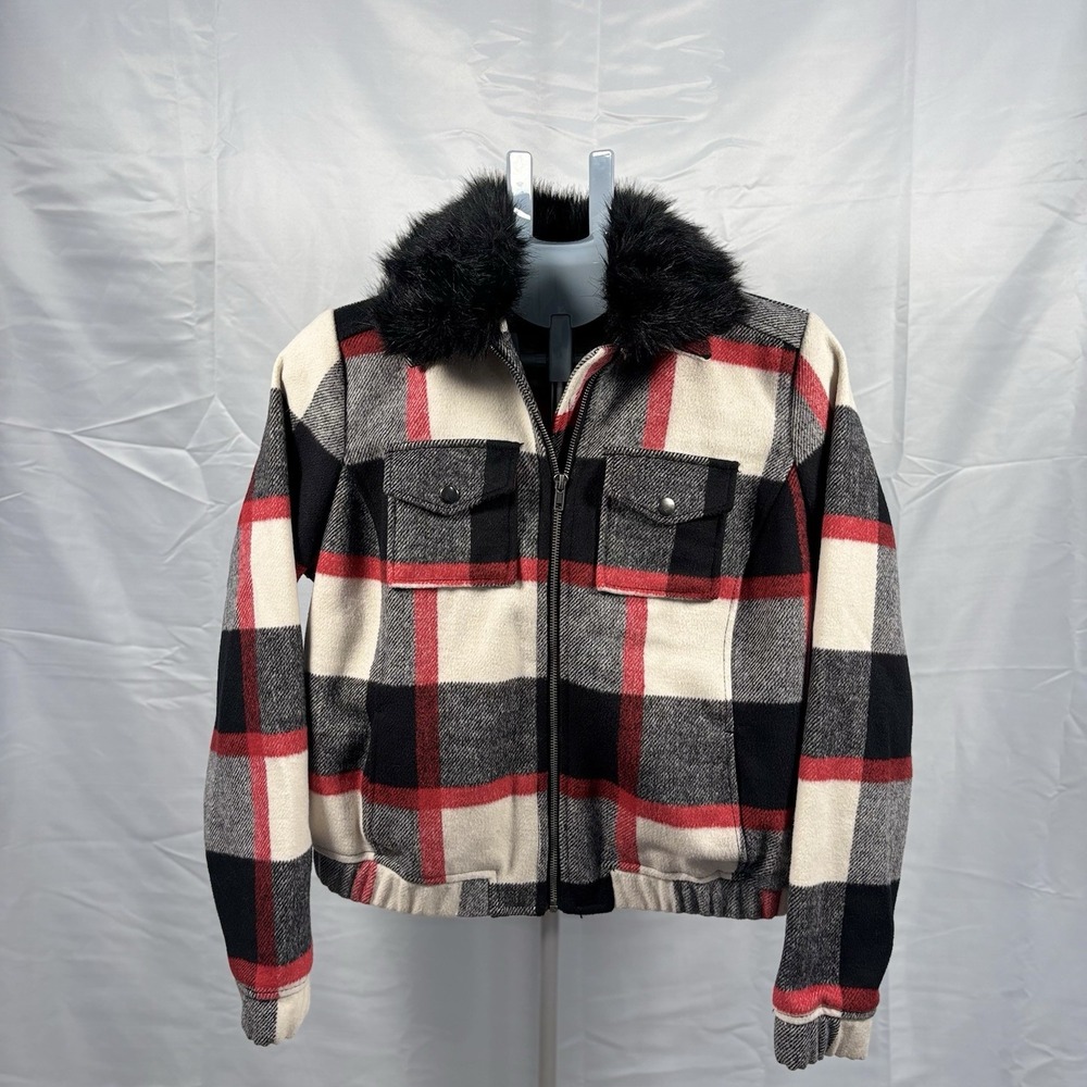 Torrid Plaid Wool Bomber Jacket Faux Fur Collar Womens 00 M L 10 Red Black White